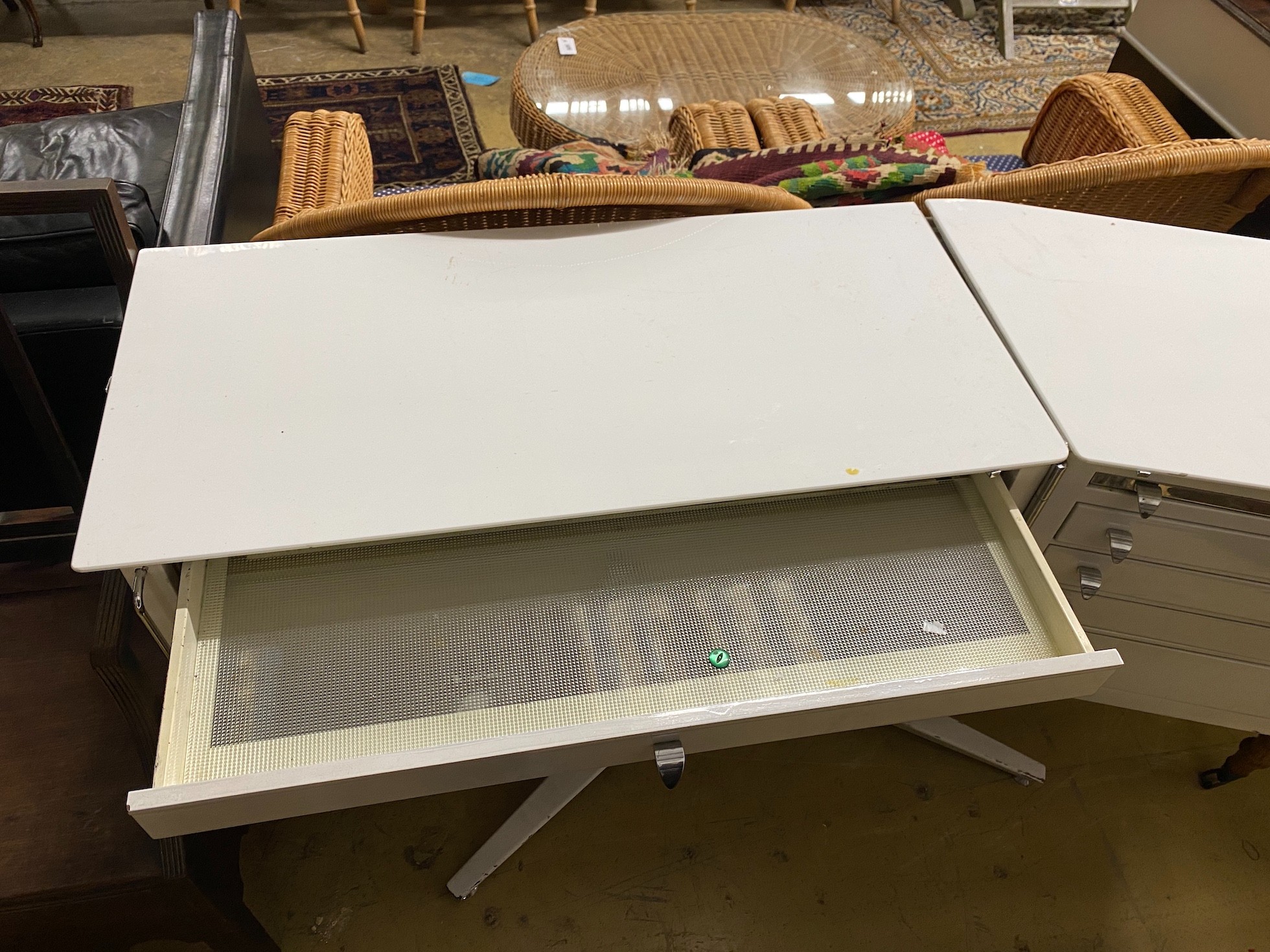 A white lacquered metal medical cabinet, width 148cm, height 86cm